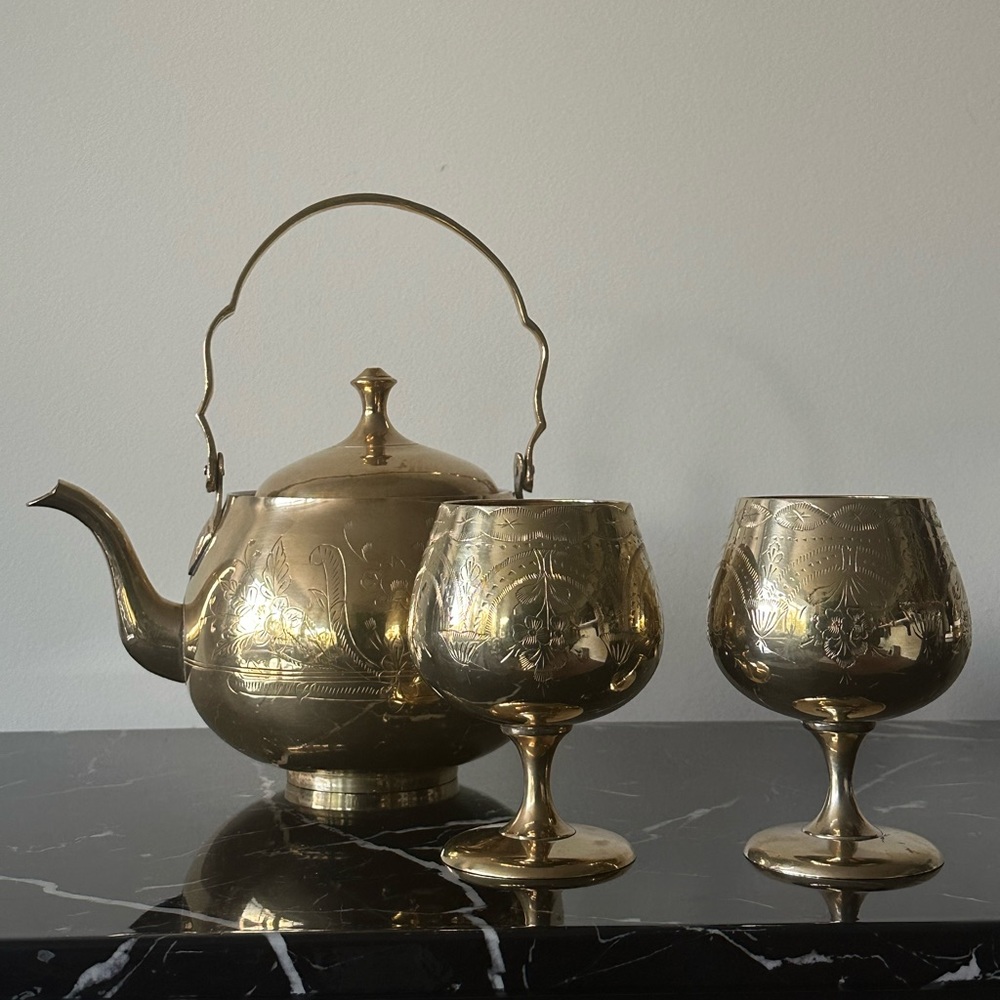 Etched Brass Vintage Teapot and Goblet Set Gold